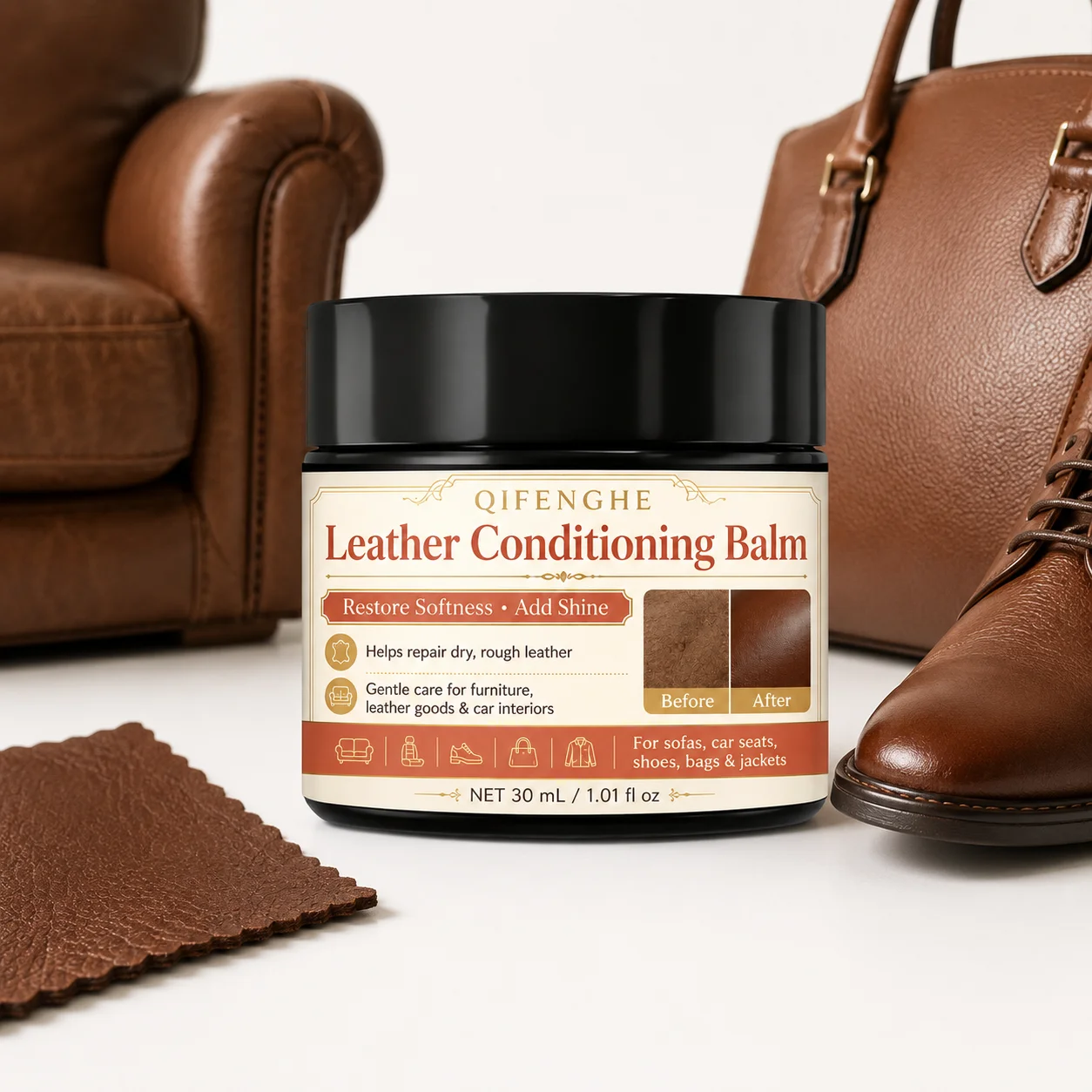 30ml Leather Restorer Balm - Deeply Conditions, Repairs Cracks & Revives Dull Sofa, Car Seats, Handbags
