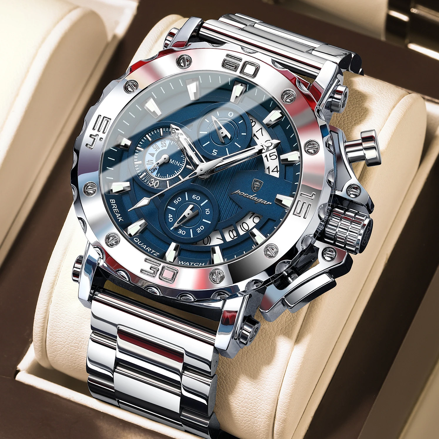 POEDAGAR Luxury Men's Watch Calendar Luminous Waterproof Man Clock Chronograph Stainless Steel Quartz Watches For Men Reloj Gift