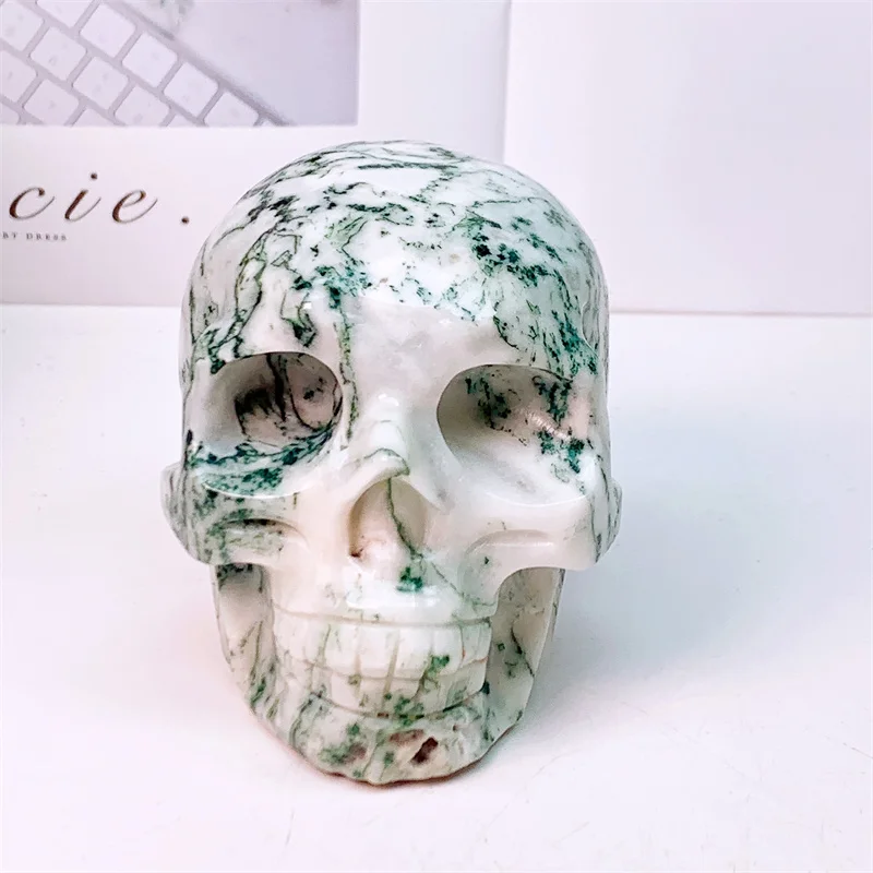 

Natural Moss Agate Skull Carvings, Mini Statue Figurine, Crystal Stone Halloween Decoration, Witchcraft Gift, 661G, 1Pc