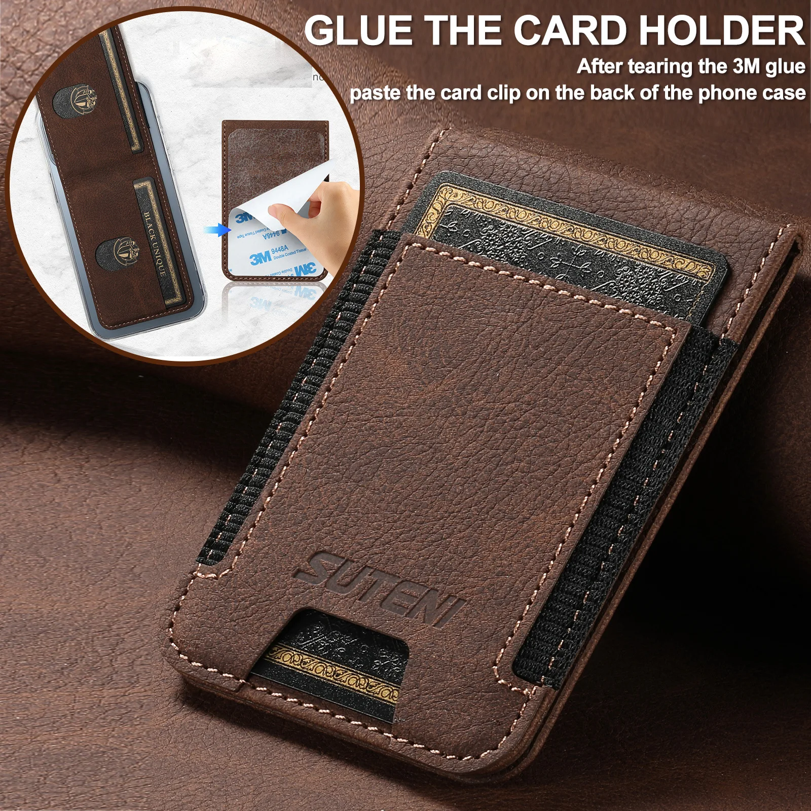 Premium PU Leather Phone Card Holder Stick On Wallet For iPhone Samsung Android Smartphones Minimalist Style With Non-Slip