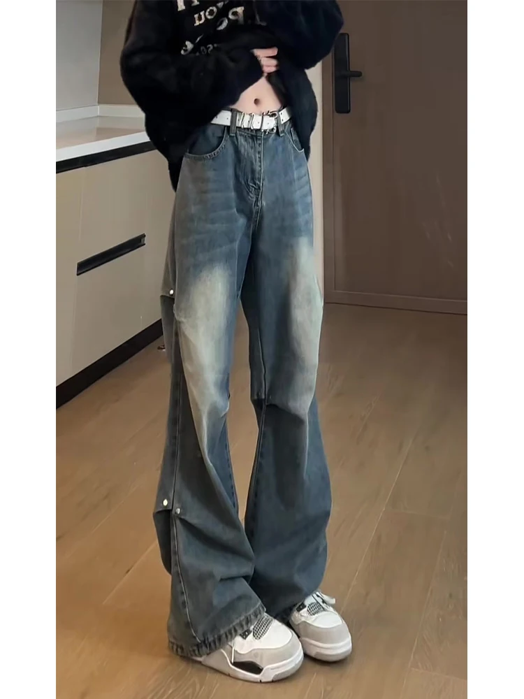 

American High Street Waed Folded Denim Jeans Men's Micro Flared Straight Leg Vintage Casual Trousers Wear Resistant