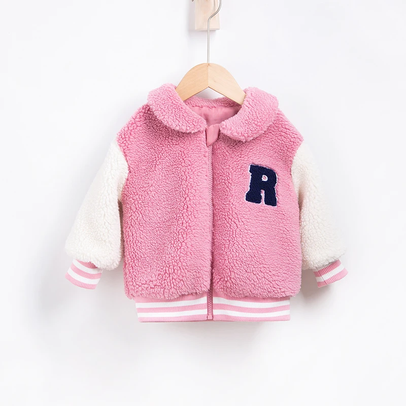 

Baby girl's new autumn and winter thick fleece jacket with warm collar and color blocked coat for outdoor children