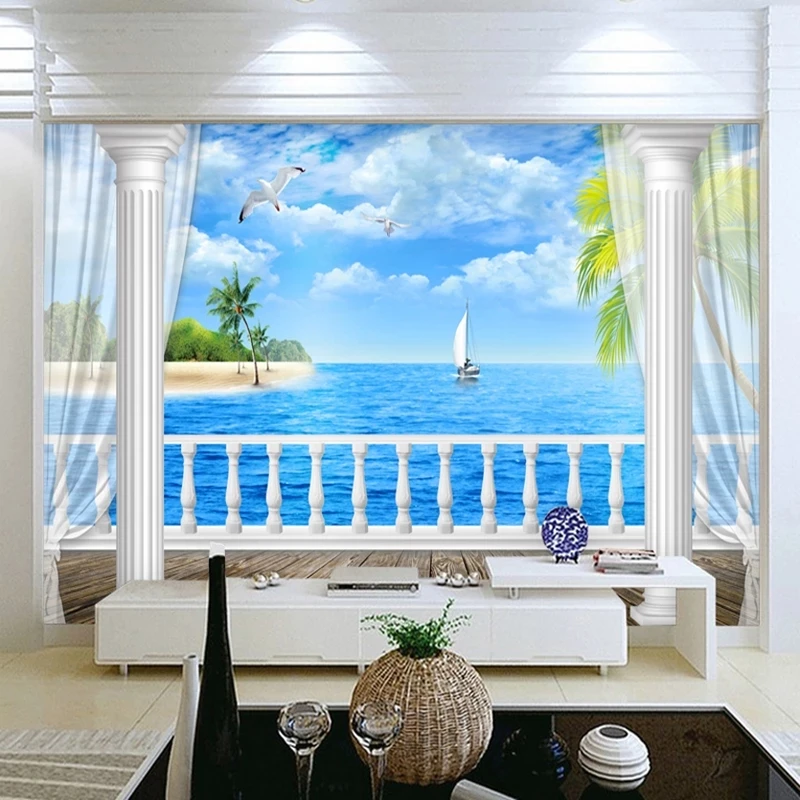 Customized Photo Mural 3D HD Sea View Balcony Roman Column Modern Wallpaper Living room TV background wall bedroom restaurant 8d