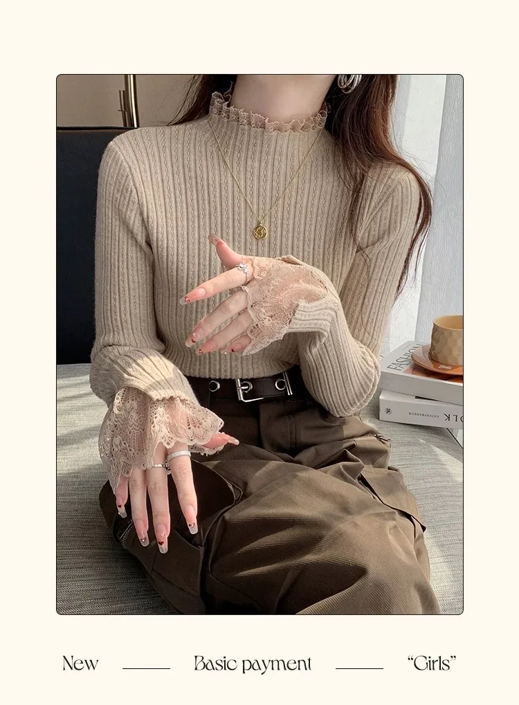 Herbst Winter Rollkragen Dünne Elastische Gestrickte Pullover Frauen Einfarbig Tops Weibliche Lange Ärmel Stricken Patctwork Spitze Pullover – Detail 6