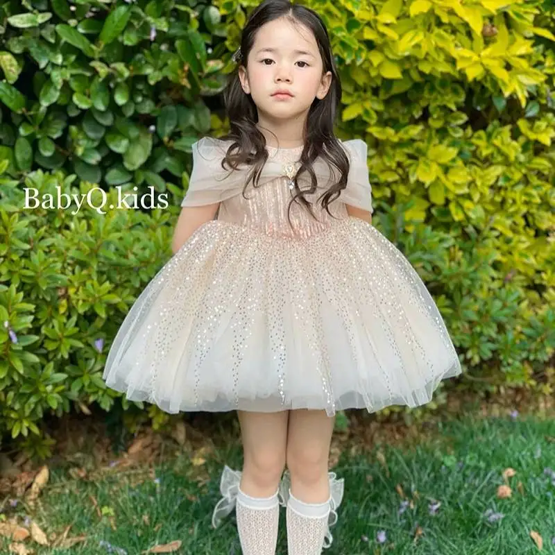 Toddler Champagne Sparkly Tulle Tutu Dress Mesh Cape Sleeve Rhinestone Decor Short Princess Gown Girls Party Photoshoot Outfit