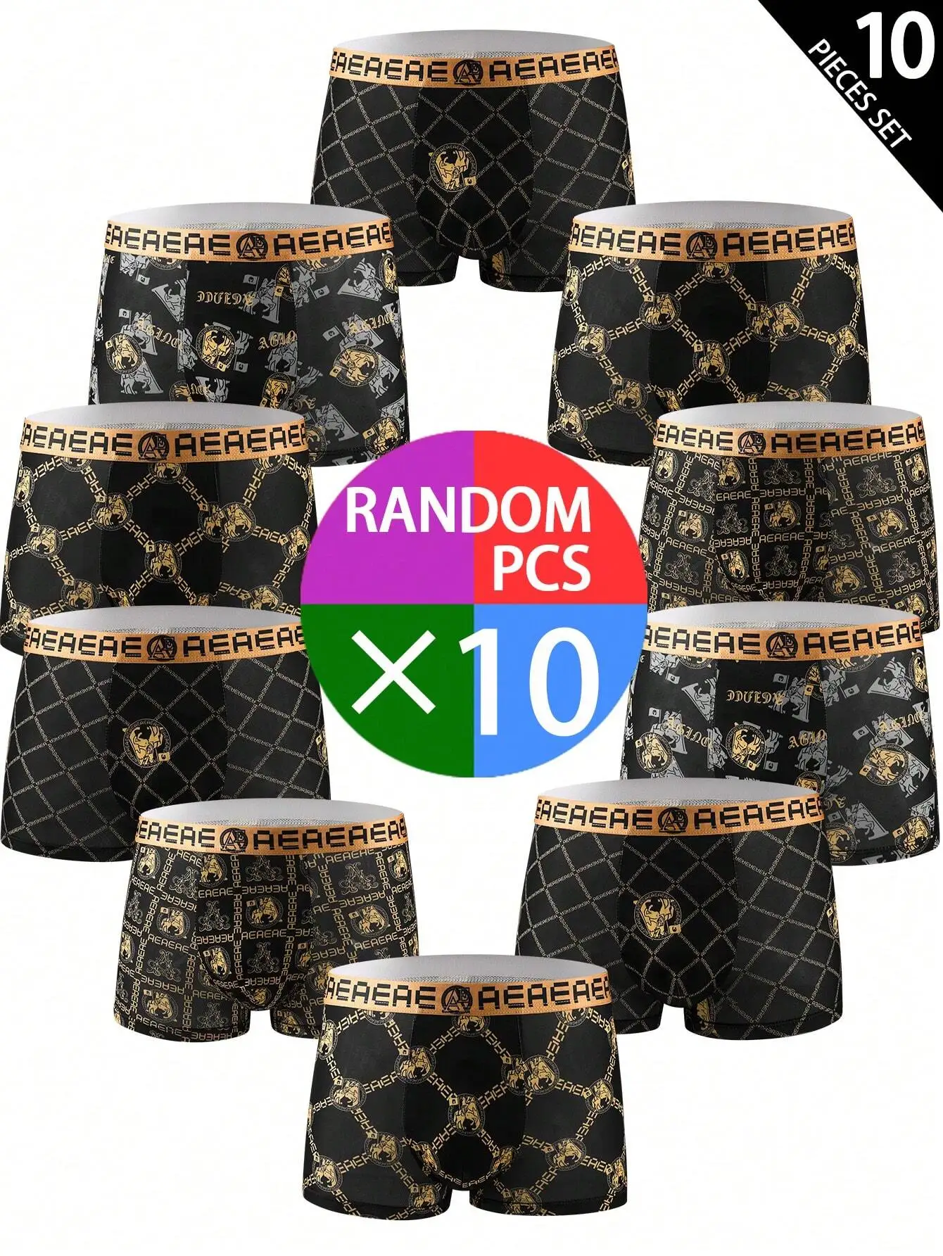 

10 шт. мужских трусов-боксеров из ледяного шелка с произвольным узором, эластичные, с графеновой ластовицей, комфортные