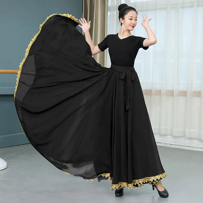 Solid Color Folklorico Dance Skirt Womens Spanish Flamenco Big Swing Long Skirt Folkloric Mexican Folk Dance Performance Costume