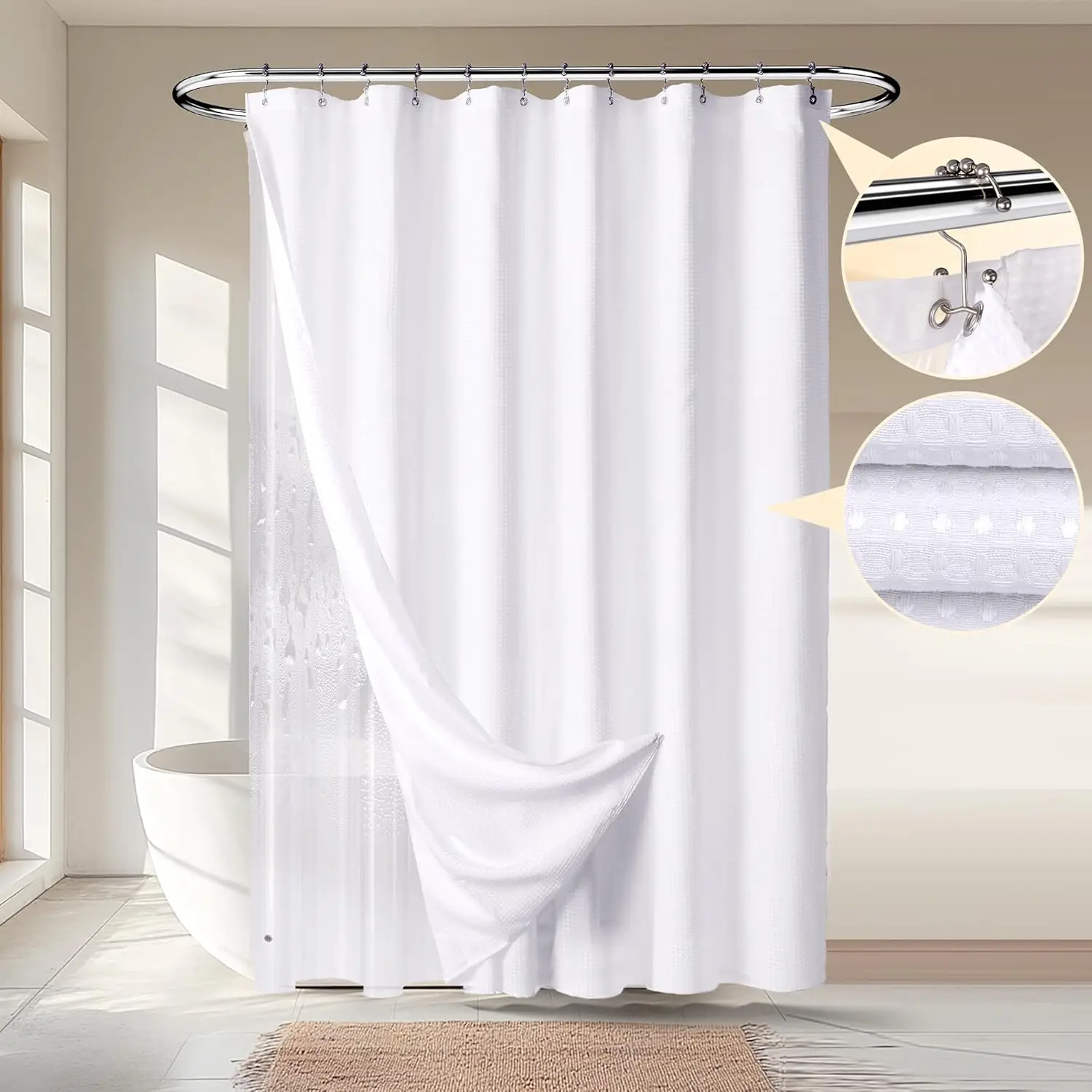 

Waffle 3 in 1 Shower Curtain Set, White Fabric Shower Curtain and Clear Liner Set with Double Sided Hooks, Waterproof, 7