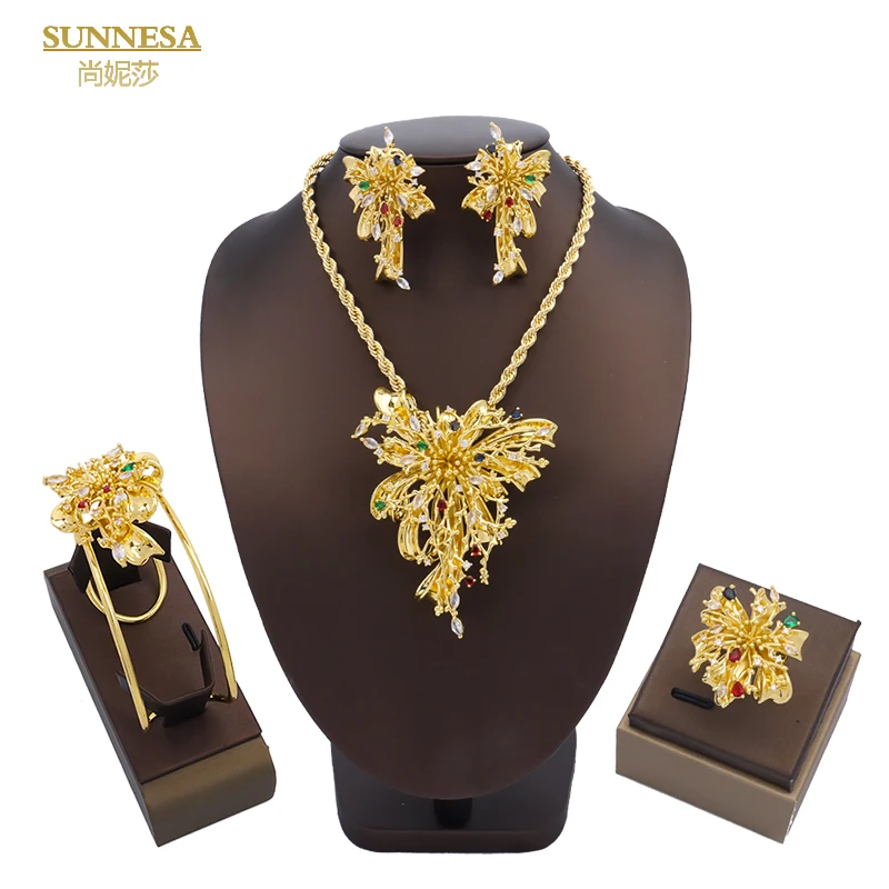 SUNNESA African Jewelry 18k Gold Plated Big Pendant Luxury Flower Necklace Earrings Bracelet Ring Charm for Women Wedding Gift