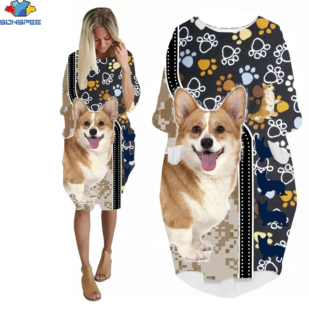 Sonspee 3d Print Women's Dress Kawaii Corgi's Dog Splicing Design Summer New T-shirt Knee Skirt Loose Streetwear Casual Clothing