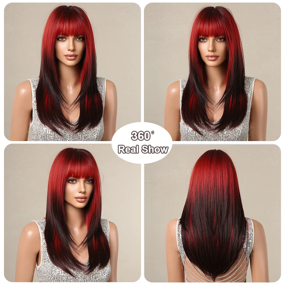 Perucas sintéticas preto vermelho ombre para mulheres, cosplay, longo, reto, em camadas com franja, cabelo de festa, resistente ao calor, cabelo falso