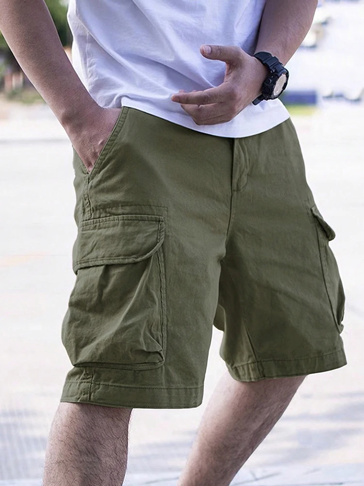 Daily Leisure Mens Loose Straight Cargo Shorts Summer Casual Solid Color Multi Pocket Shorts For Men Fashion Shorts Streetwear
