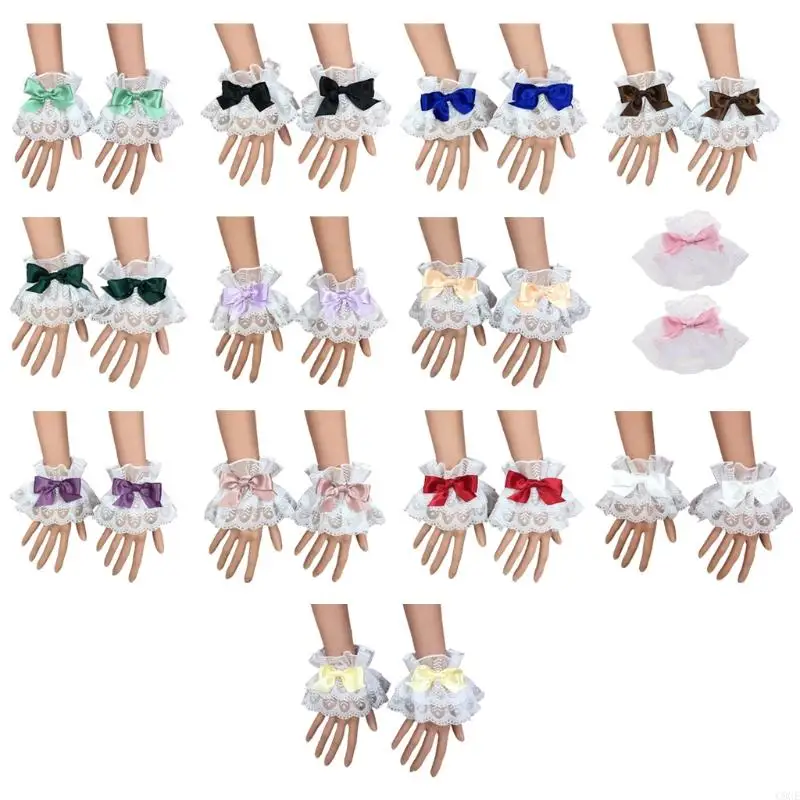 C9GE Japanese Hand Sleeve Wrist Cuffs Sweet Ruffled Lace Multicolor Bowknot Maid Cosplay Bracelet for Wedding Party