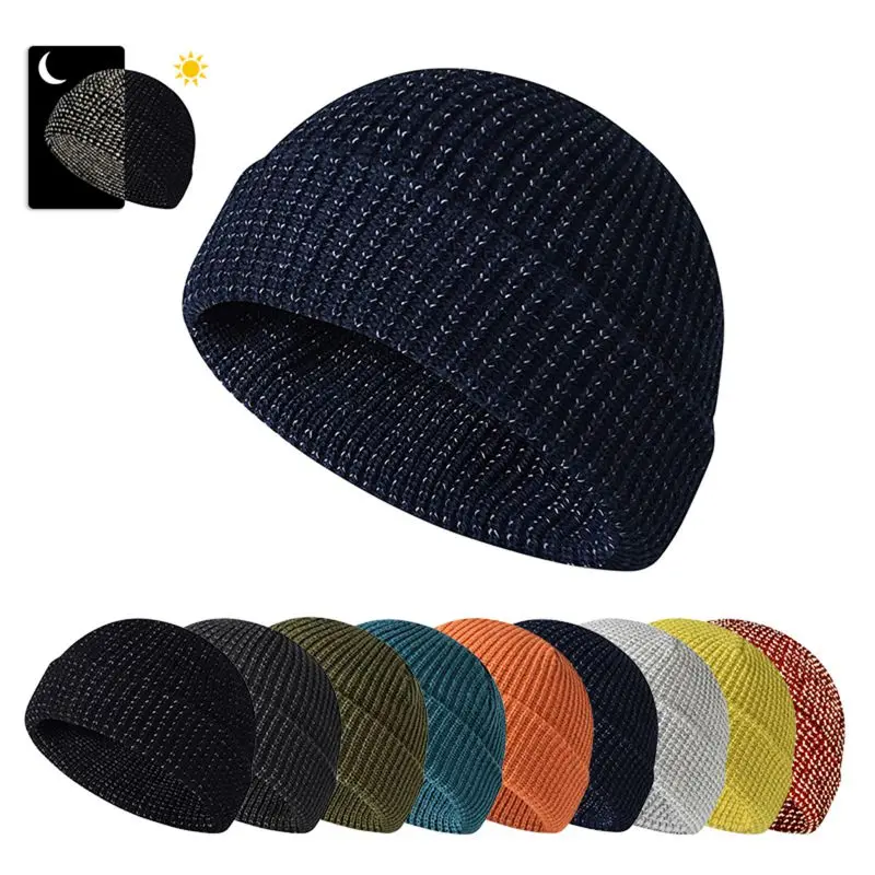 Winter Knitted Hat Thicken Warm Reflective Beanies Windproof Thermal High Visibility Bonnet Cap Men Women Bonnet Skullcap