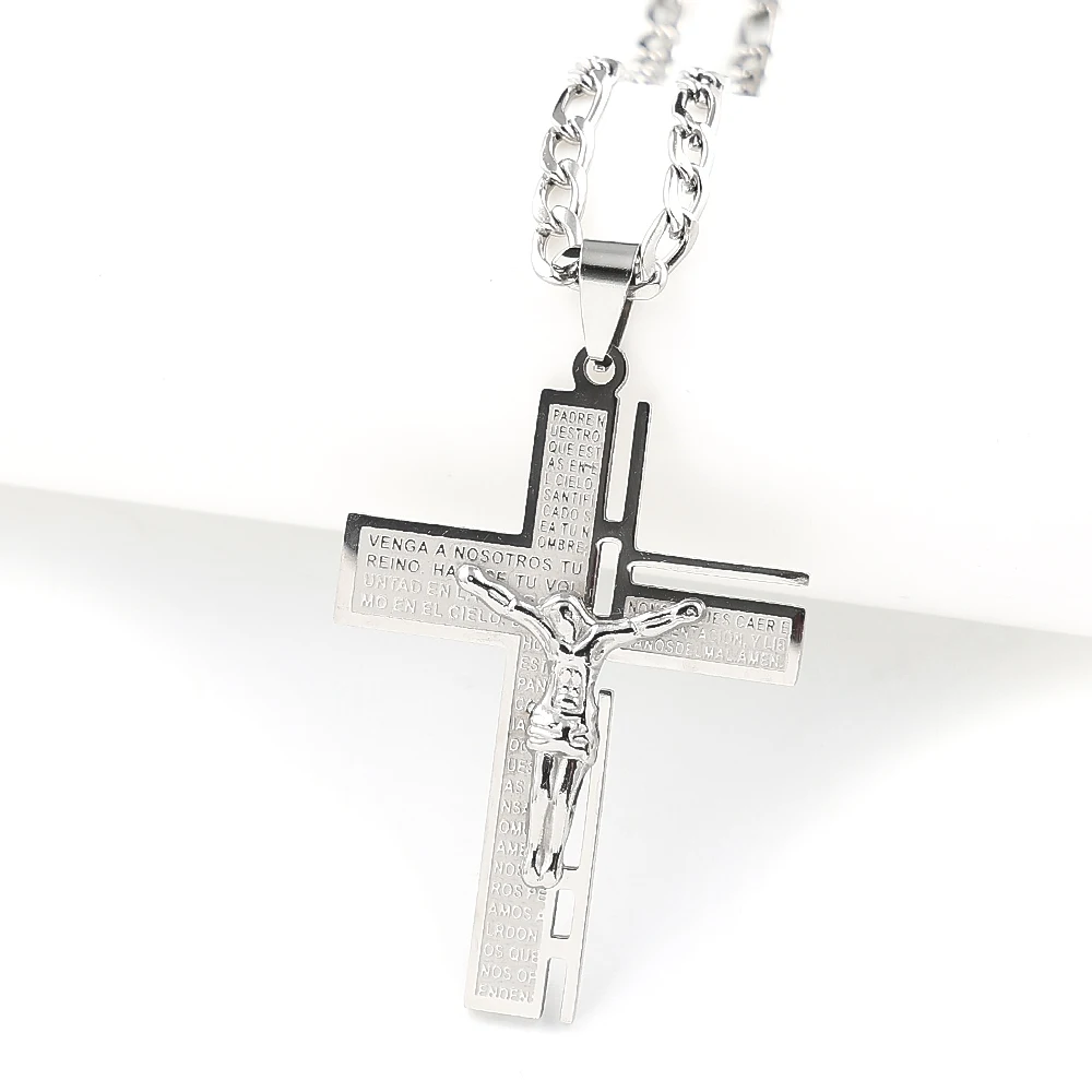Jesus Cross Crucifix Pendant Necklace for Men Stainless Steel Gold Color Christian Spanish Lord's Prayer Figaro Chain Jewelry