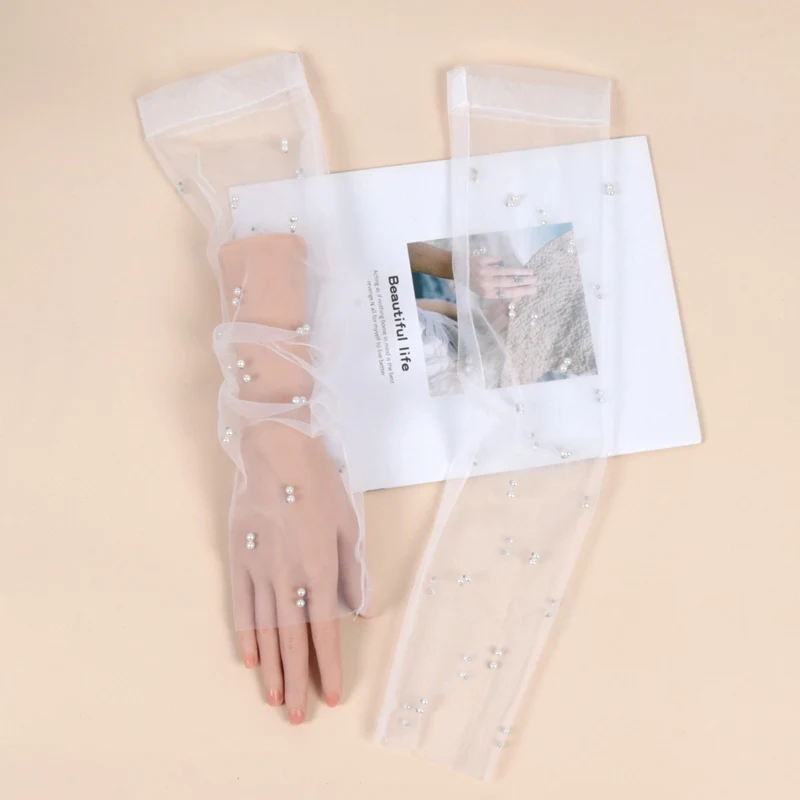 Elegant White Pearls Wedding Bridal Gloves Soft Tulle Long Opera Fingerless Women Pageant Prom Perform Gloves Dress Accessories