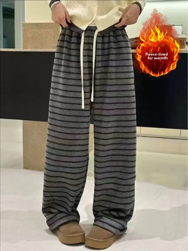 

Зимние широкие брюки с высокой талией на подкладке, брюки в полоску, большие размеры, женские повседневные утягивающие брюки в пол