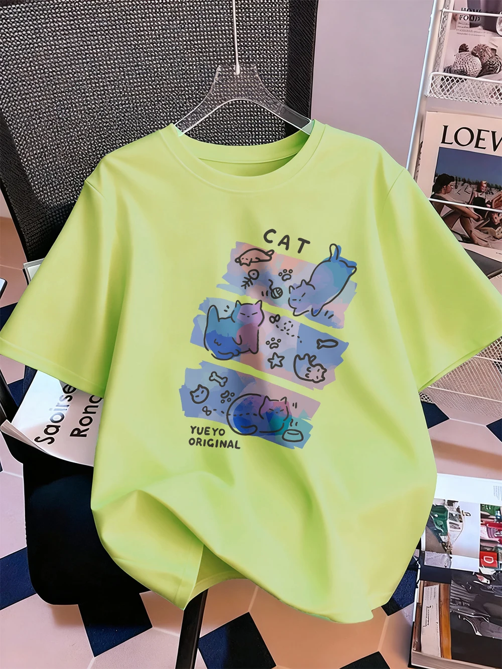 Bunte Drei Katzen Trendy Drucke T-Shirt Frauen Baumwolle Sommer Kurzarm T Shirt Bequeme Lose Oansatz Tops Casual Kleidung