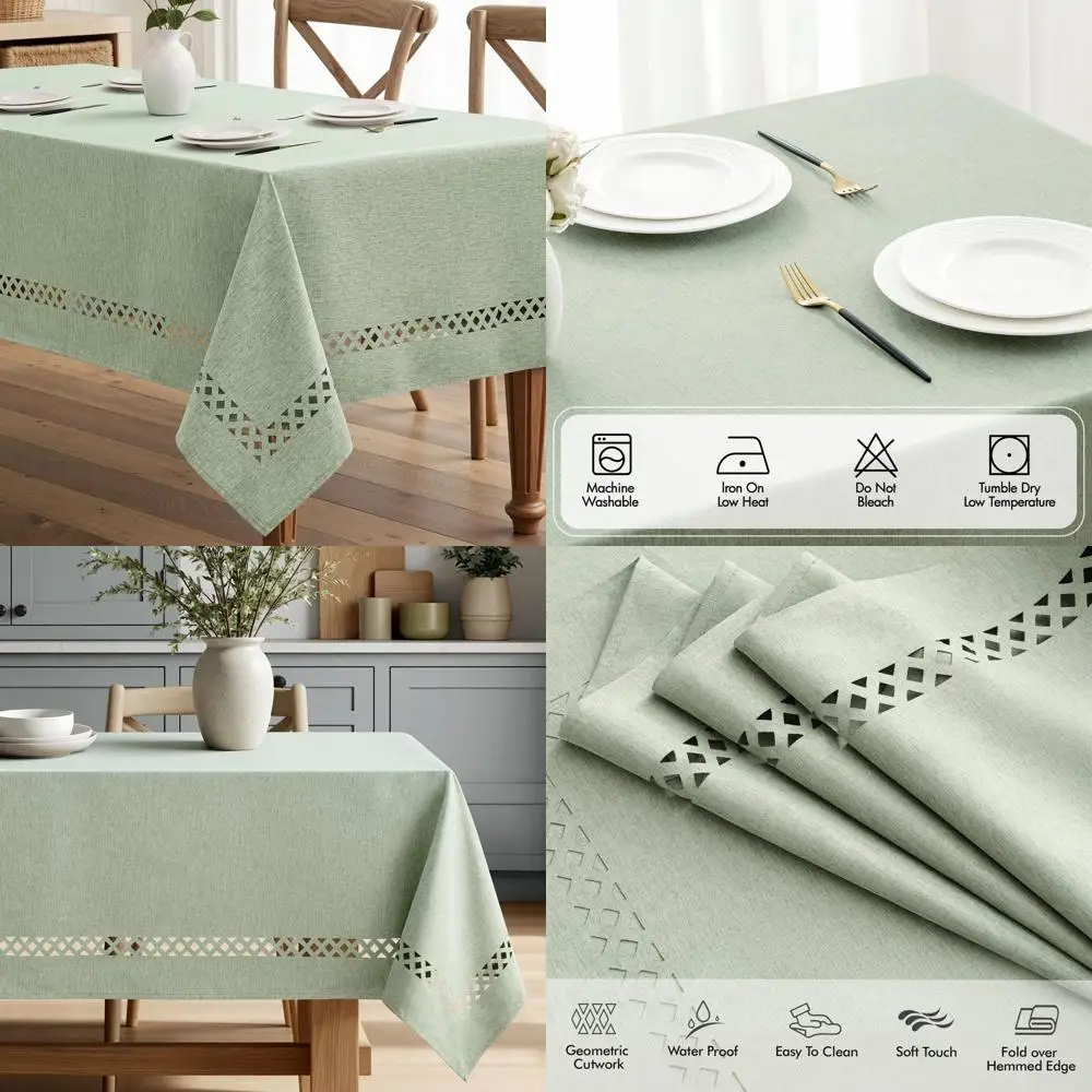 

Farmhouse Style Sage Green Linen-Polyester Tablecloth with Cutouts, Waterproof, Stain & Shrink Resistant, 60x104 inches for Dini