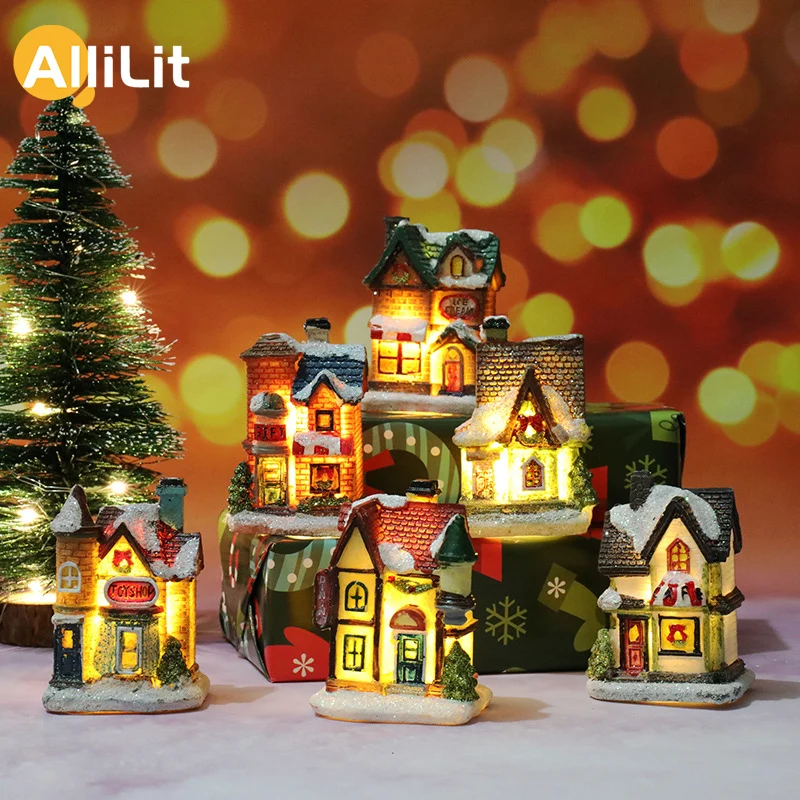 Christmas Decoration 2024 New Year Night Light LED Luminous Snow House Sculpture Home Resin Crafts Xmas Gift for Kids