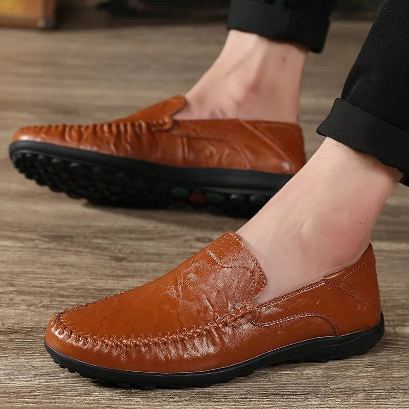 Mocassins de couro genuíno masculino, fundo plano, tamanho grande, sapatos casuais de negócios populares, mocassins de lazer