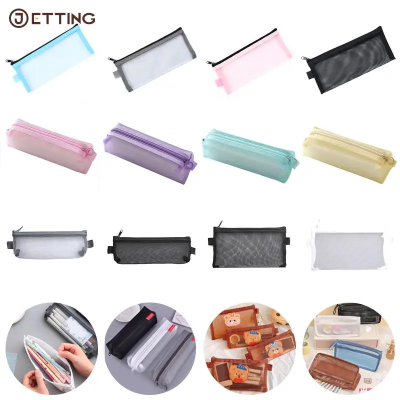 

1pcs Nylon Simple Transparent Double Mesh Bag Pencil Case Office Student Pencil Cases Nylon Kalem Kutusu School Supplies Pen Box