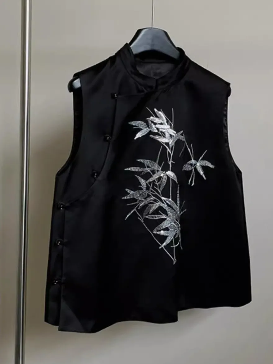 

Новый китайский Sle Faionable Bla, жилет с бамбуковым принтом, женский топ, лето 2022, круглый, длина Ne ort, одна пуговица