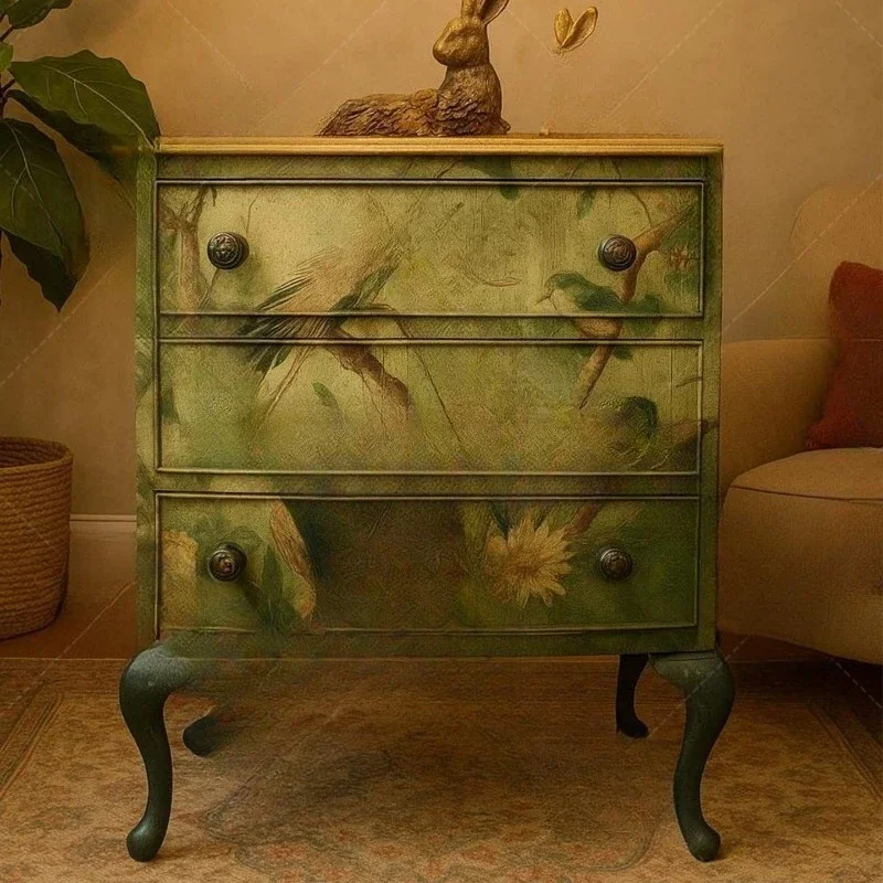 

French retro solid wood carving flower painted three-bucket cabinet small apartment living room locker entrance cabinet green
