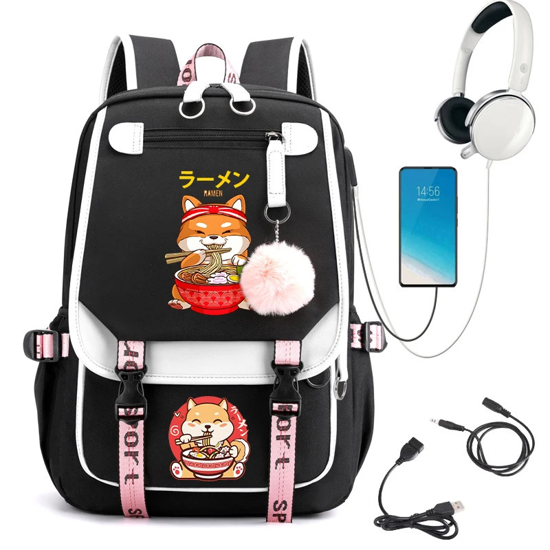 Ransel anak perempuan Ramen Shiba Anime tas sekolah imut untuk pelajar remaja anak perempuan anak laki-laki kantong ransel Laptop wanita tas sekolah buku