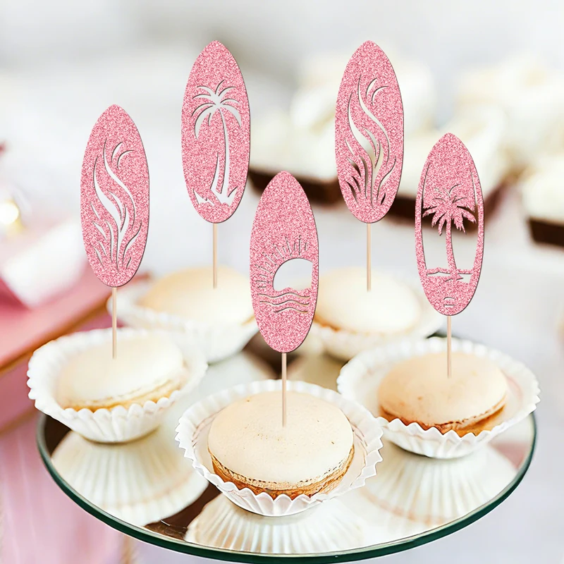 NUBECOM 24 Stück Surfbrett-Cupcake-Topper, glitzernde Sommer-Surfbrett-Kuchenaufsätze für Duschpartys und Dekorationen – Detail 1
