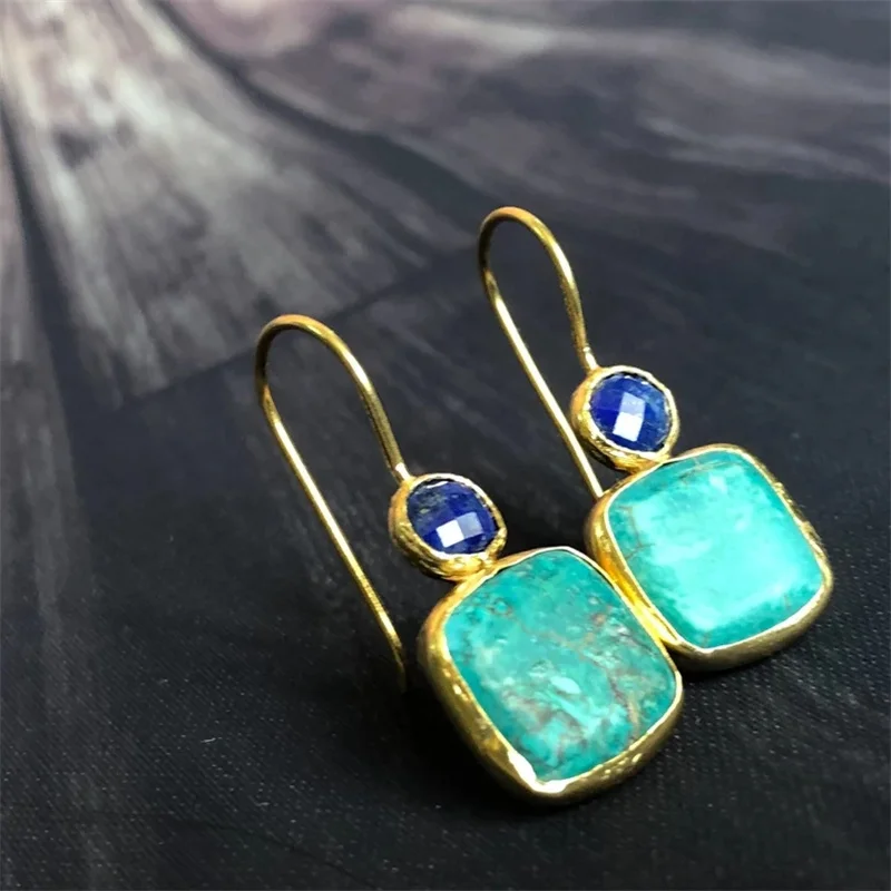 Vintage Square Inlaid with Green Stones Earrings Women Classic Personality Gold Color Blue Stone Dangle Earrings Jewelry