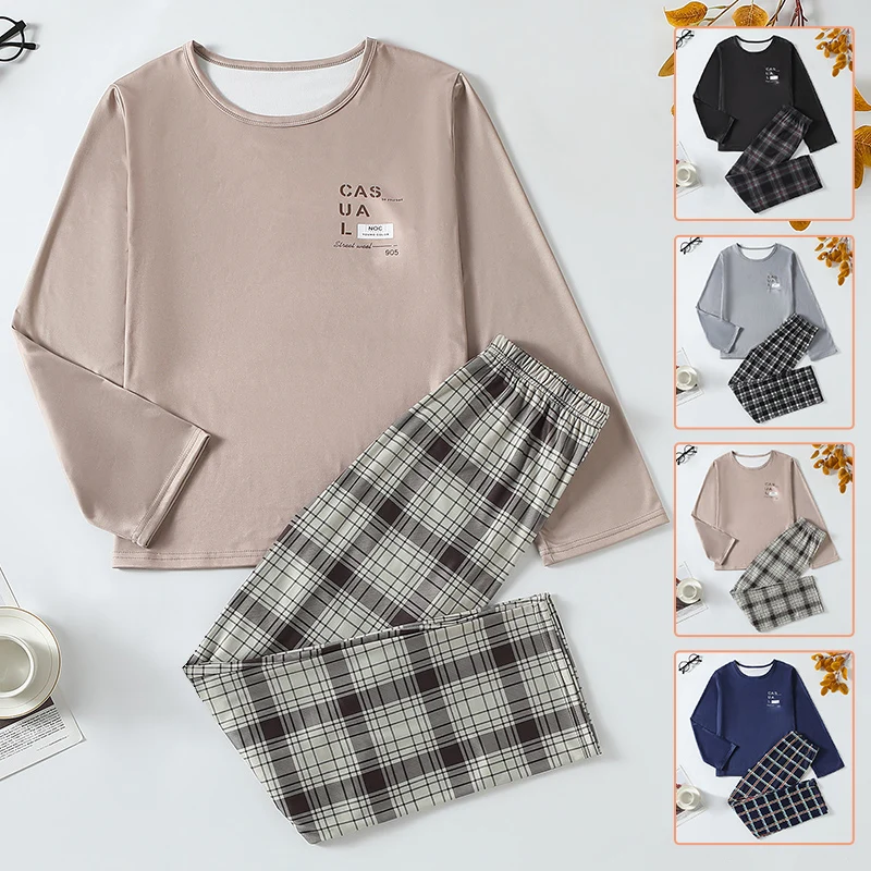 2-piece Autumn And Winter Big Boy Youth Casual Fashion Plaid Home Set Comfortable Plus Size Round Neck T-shirt Warm Home Pants