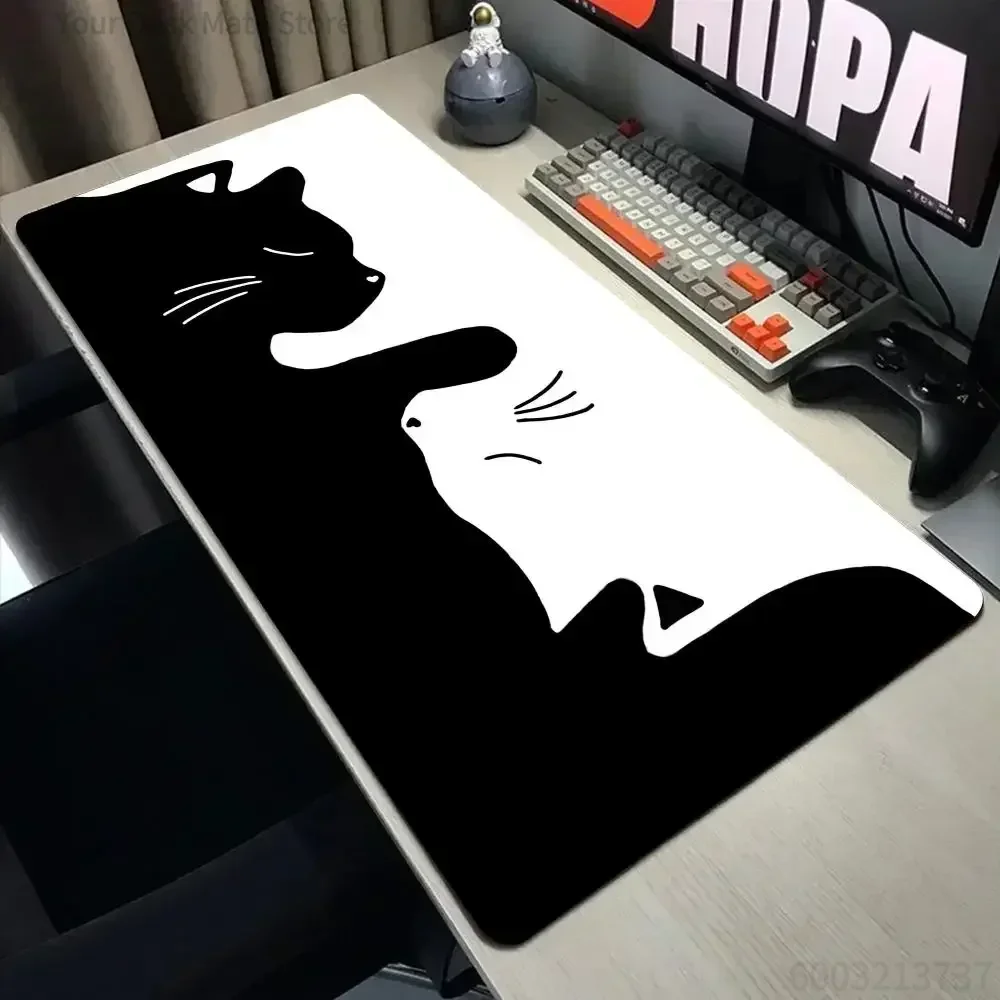 Large Cute Black Cat & Coffee Cup Mouse Pad Non-Slip Desk Mat with Sketch Art for Office And Gaming