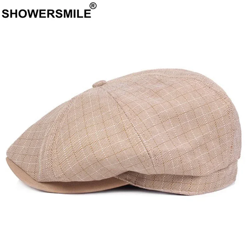 

SHOWERSMILE Khaki Plaid Newsboy Cap Men Autumn New Cotton Linen Octagonal Cap Male Checkered Duckbill Spring British Beret Hat