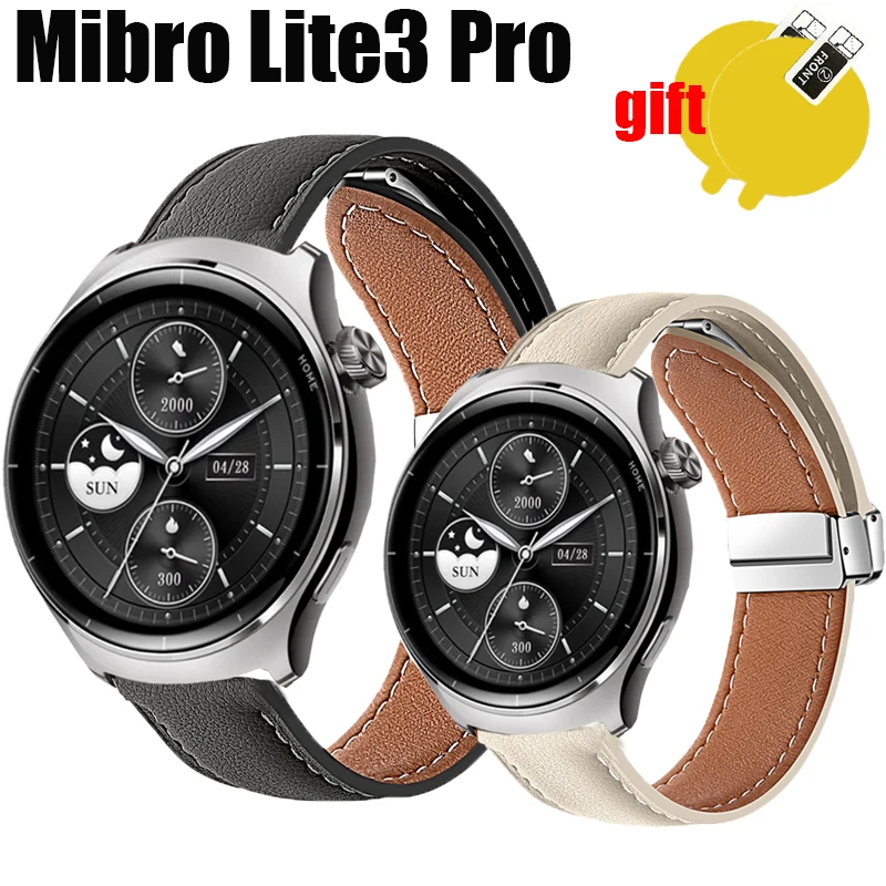 For Mibro lite3 Pro Strap Leather Genuine Folding Magnetic Buckle Soft Smart Watch men Band Screen protector film