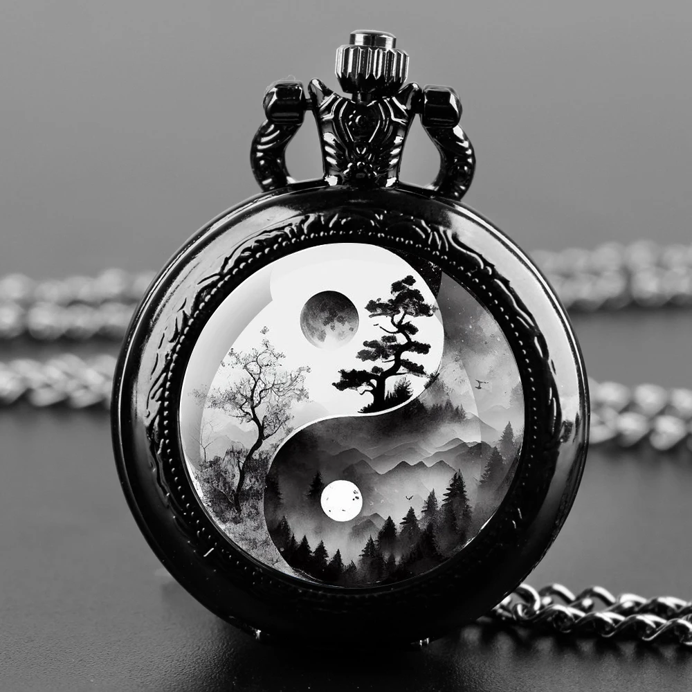 Exquisite Yin-Yang Landscape Glass Dome Quartz Pocket Watch Arabic numeral Necklace Pendant Gifts For Women Man with Chain