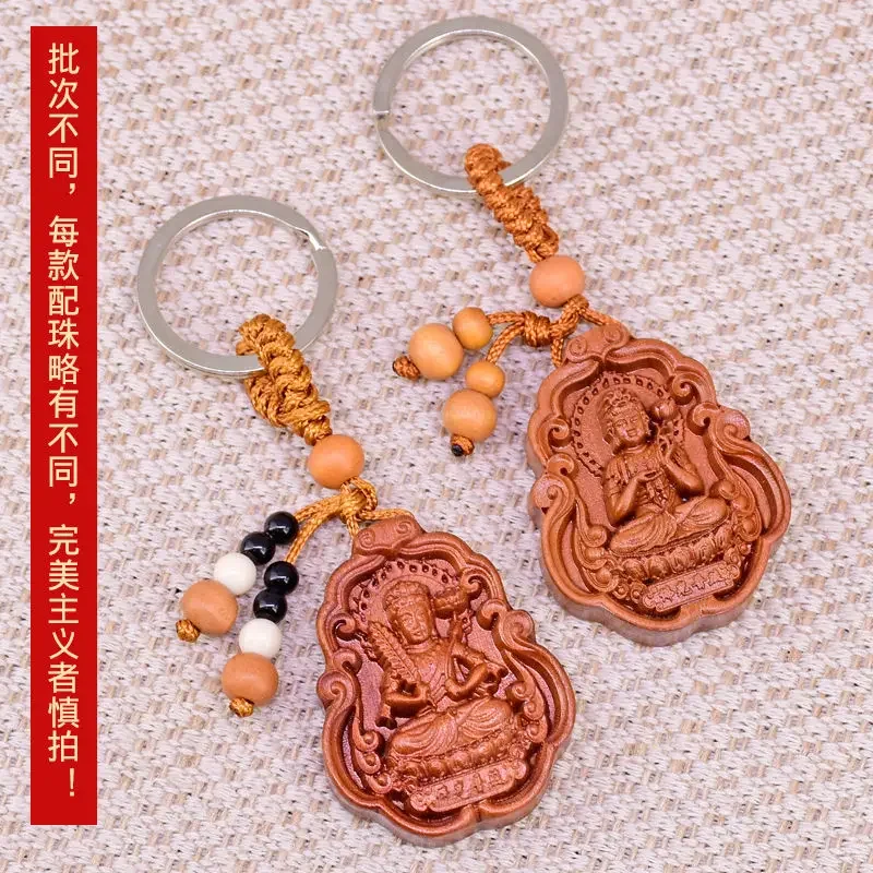 ANGLANG Zodiac Peach Wood Benmingfo Keychain Men's and Women's Blessing Pendants Big Sun Tathagata Void Hide Pu Xian Manjusri Ch