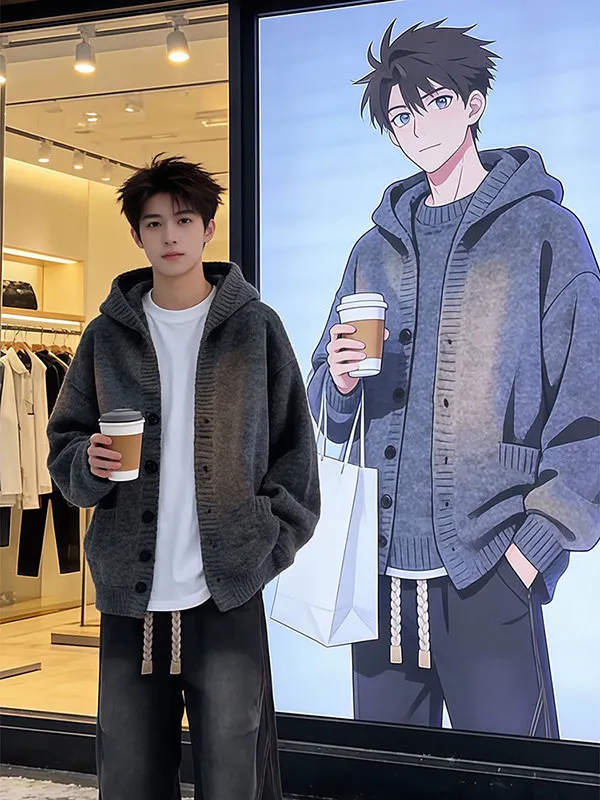 

Deep ey American Knitted Open Cardigan Hoodie Men's Winter Korean Lazy Sle Knitwear High-End Sweater Soft Comfortable Loo...