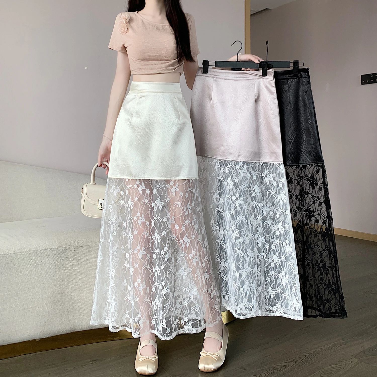

2024 Summer Commuter Korean Half Skirt High Waist Panel Lace Slim Hook Flower Style New Long Skirt Versatile Trendy Women