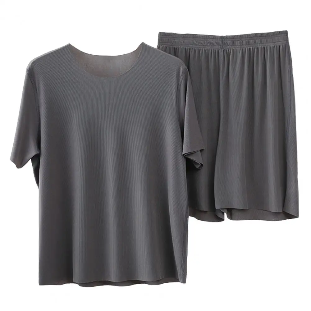 Summer 2024  Men Loungewear O-Neck Short Sleeve Tops Elastic Waist Wide Leg Shorts Set Ice Silk Homewear Seamless Pajama Set