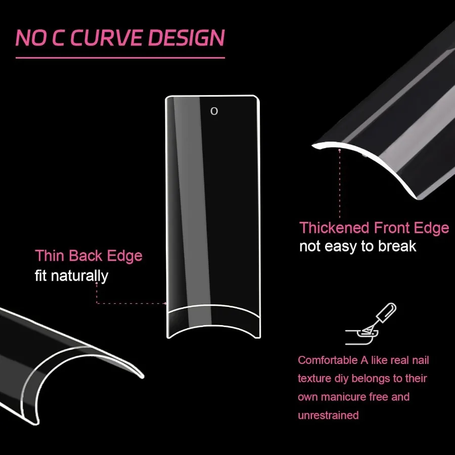 노 C 커브 XL 네일 팁 500개입 테이퍼드 스퀘어 플랫 헬프 커버 인조 손톱 네일 살롱 및 DIY 프렌치 ABS 네일 팁 XL