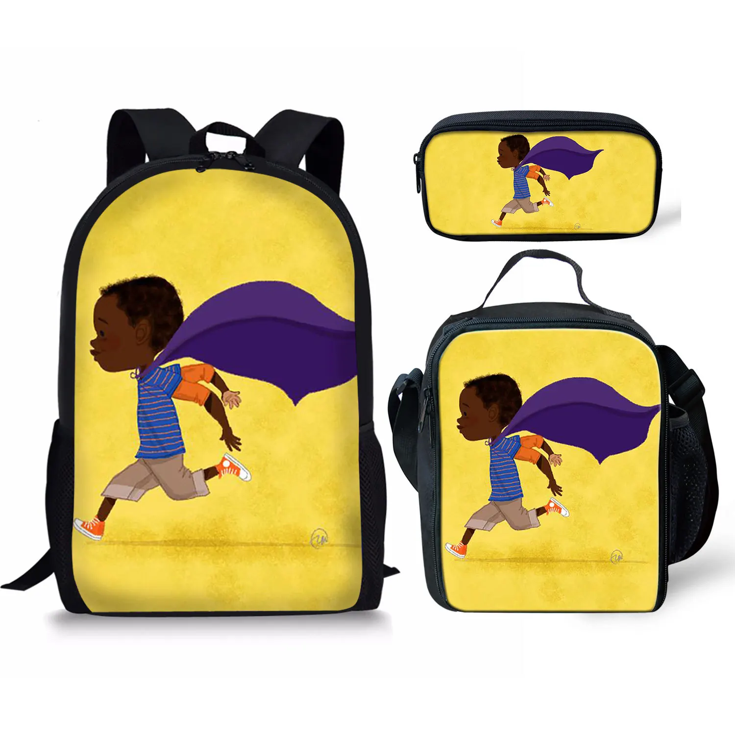 Tas Travel siswa, tas pensil, tas makan siang, ransel Laptop harian, tas perjalanan pelajar, 3 buah/set, gambar anak laki-laki Afrika, hitam, Hip Hop