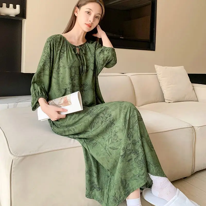 

Loose Printed Nightgown Short-sleeved Thin Long Round Neck Home Clothes Summer Nightgown Women's Nightwear Sexy Tоy Girl Dresses