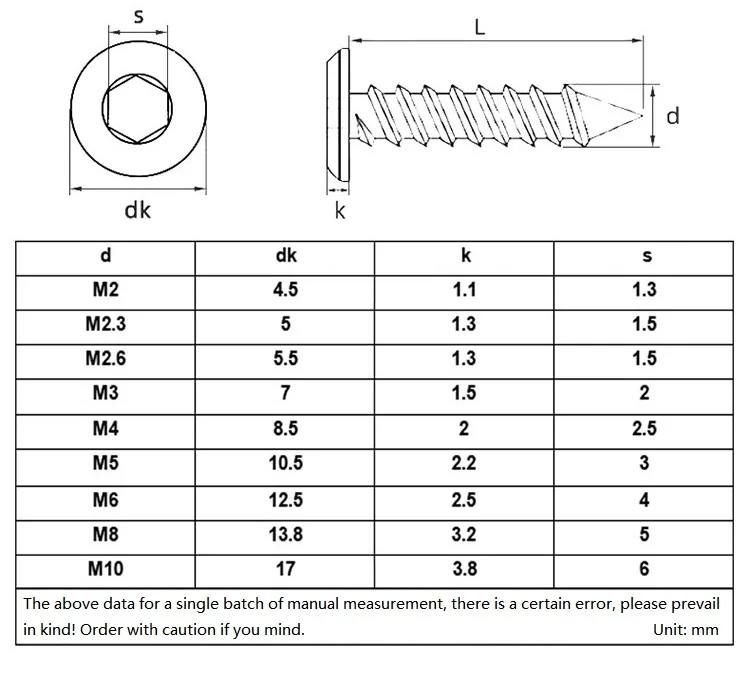 M2 M2.3 M2.6 M3 M4 M5 M6 M8 M10 304 Stainless Steel Allen Hexagon Hex Socket Large Flat Thin Wafer Head Self Tapping Wood Screw