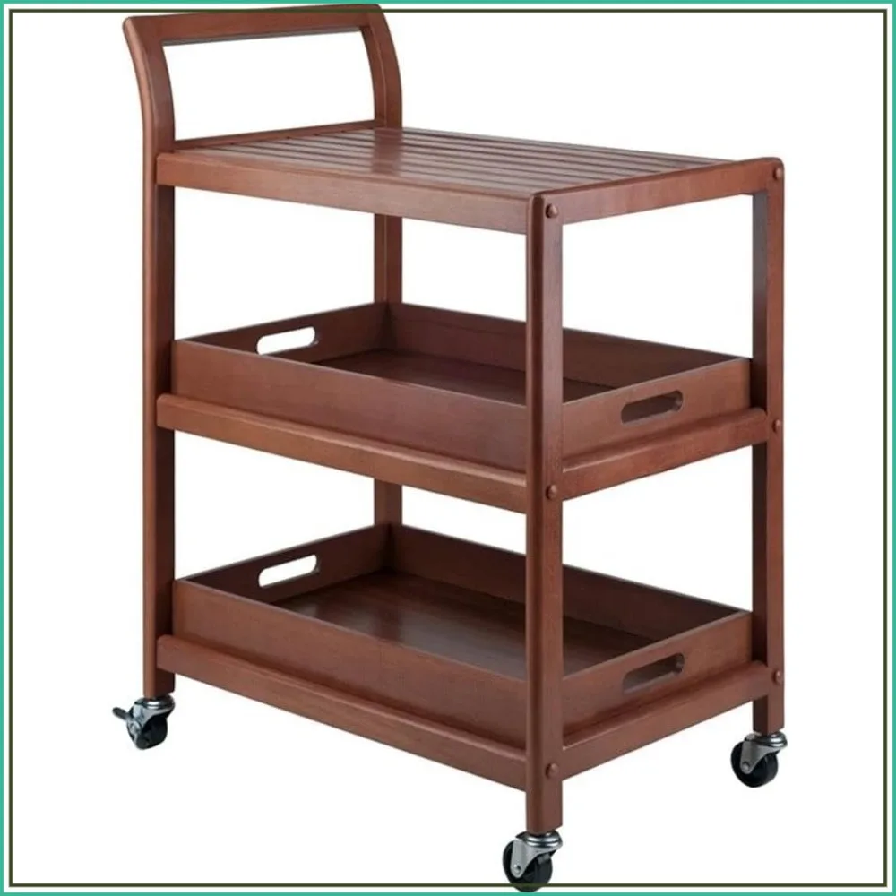 Solid Wood Bar Cart Walnut 2 Trays Slatted Shelf Locking Casters Kitchen Dining Patio