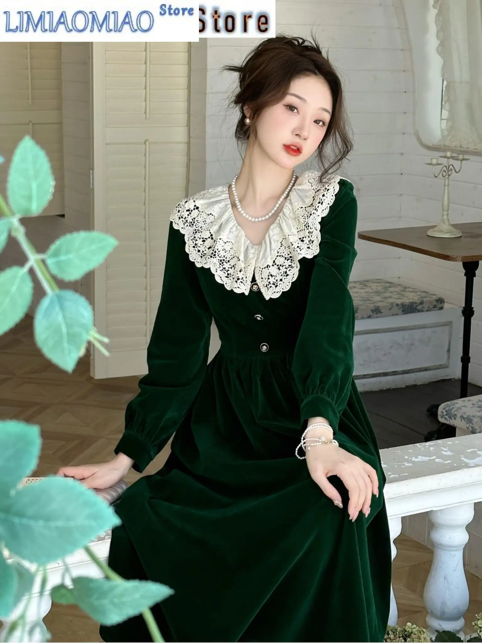 

France Vintage Lace Patchwork Midi Dresses Elegant Casual Single Breasted A-line Velvet Robe Women Spring Autumn Trend Clothes