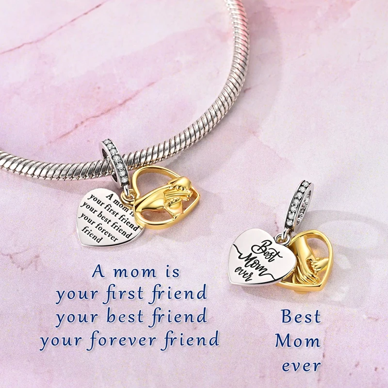 925 Silver Parent-child Hand-in-hand Lettering Love Charms Golden Love Beads Pendant Fit Original Bracelet DIY Jewelry Making