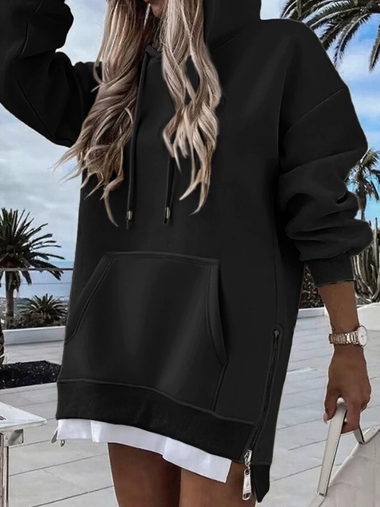 Feminino manga longa retalhos pulôver hoodie outono inverno moda cordão solto zíper simples hoodies 2025 topo streetwear