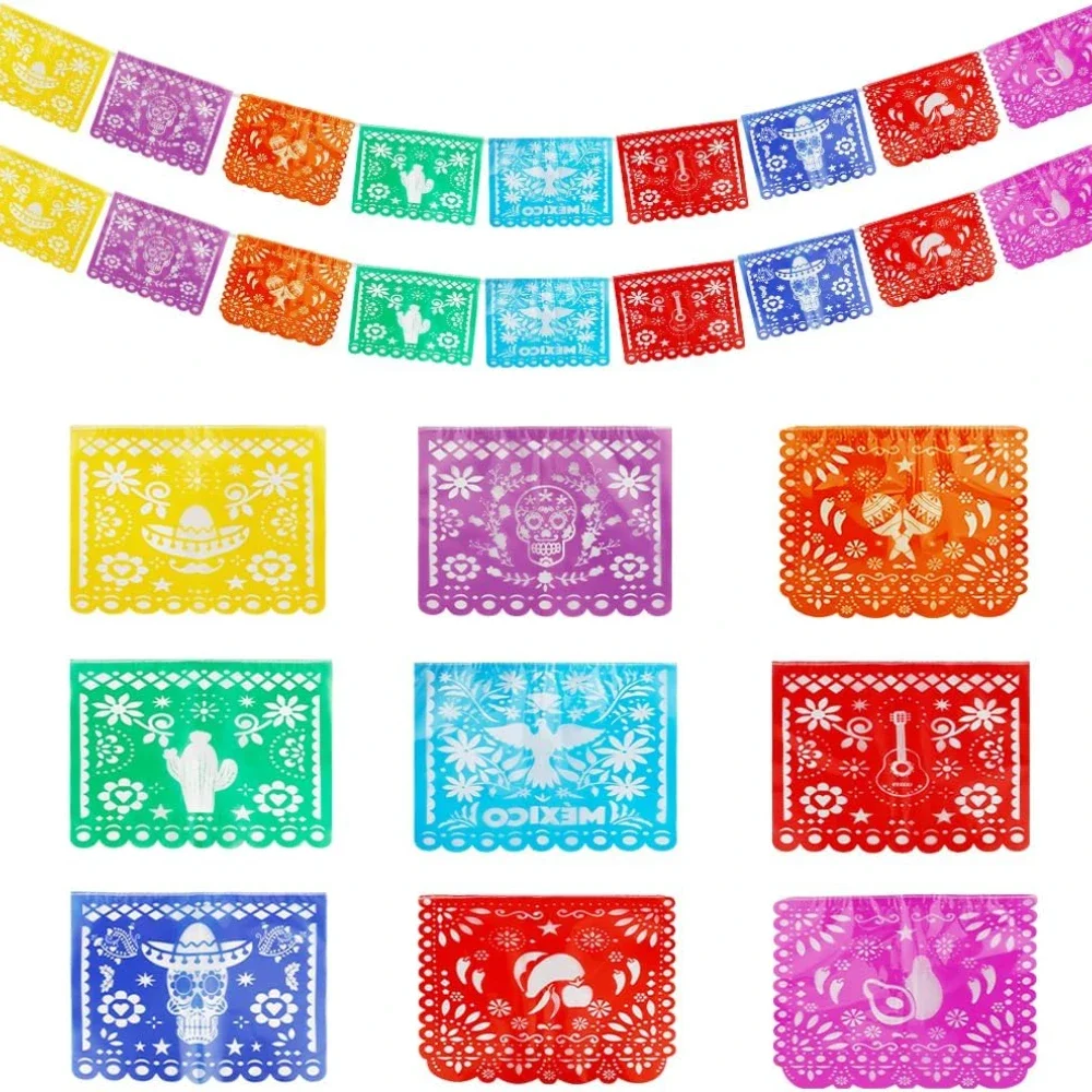 Conjunto de decoração de festa mexicana, 3 peças, vibrante papel picado bunting-guirlanda de plástico para cinco de mayo, casamento, carnaval de aniversário
