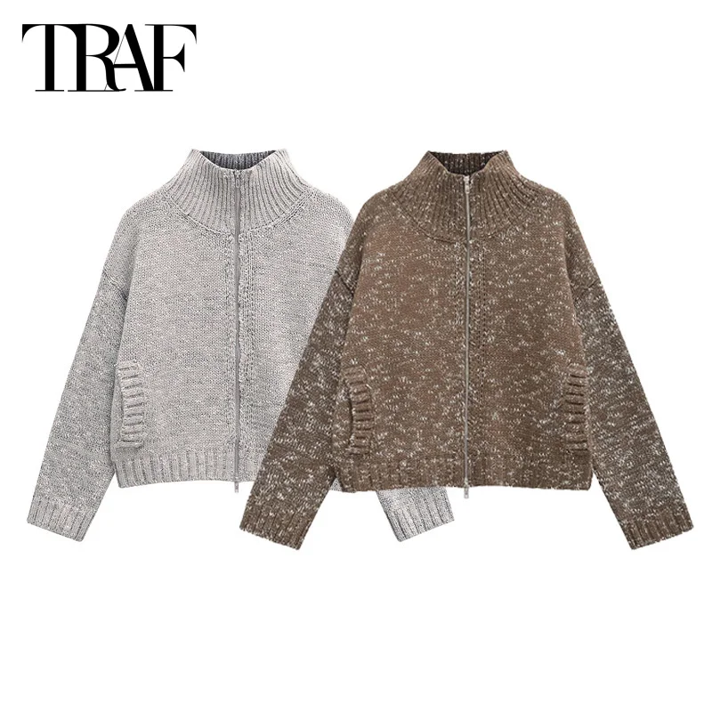 TRAF Sweater Cardigans 2024 Women's Autumn Winter Knitted Short Sweater Top Long Sleeve Cropped Knitwear Coat New In Outerwears